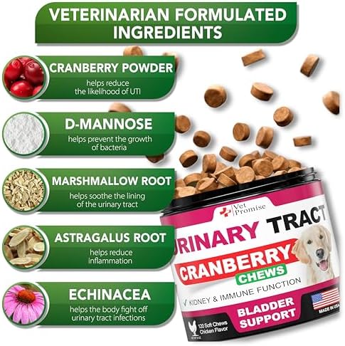 Dog UTI Chews - Cranberry Supplement for Dogs - Urinary Tract Support | Advanced Bladder Control - Cranberry Support Supplement, Vitamins Multivitamin Chews - 120 Chews - Made in USA