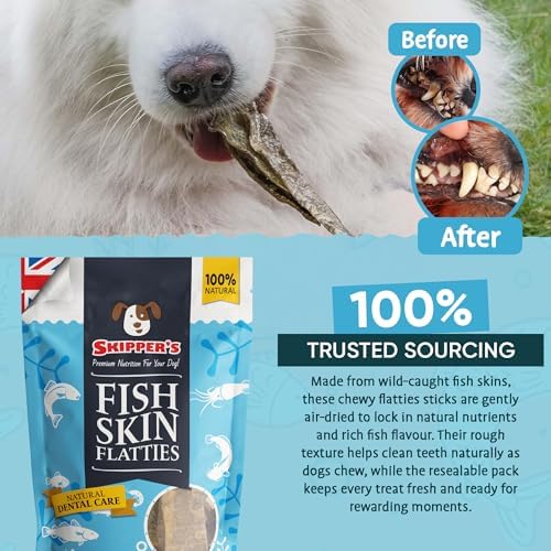 SKIPPER'S Dogs Fish Skin Flatties - Air Dried Grain Free Dog Treats, Great for Teeth, Long Lasting Dog Chews, Remove Plaque, Source of Omega 3, Naturally Low in Fat | 9Oz