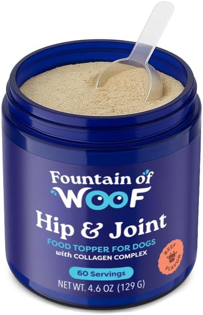 Hip & Joint Dog Food Topper – Beef Bone Broth Collagen Powder for Dogs – Mobility & Joint Support with Glucosamine – Skin & Coat Health – 60 Servings | Fountain of Woof