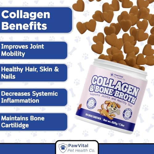 Collagen & Bone Broth for Dogs – Hip + Joint Support, Gut Health for Hair, Skin & Nails – with Glucosamine, MSM, Chondroitin, Turmeric – Natural Treats Made with Real Chicken & Beef