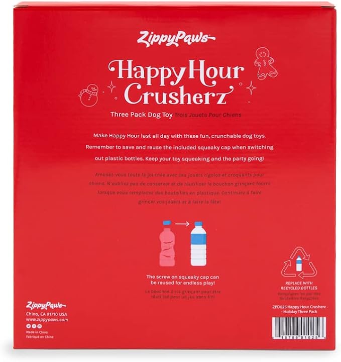 ZippyPaws Happy Hour Crusherz for Small Medium & Large Dogs, Holiday 3-Pack | Interactive Dog Toys to Keep Them Busy, Squeaky Plush Toy for All Breeds, Drink Themed Crinkle Water Bottle Toy