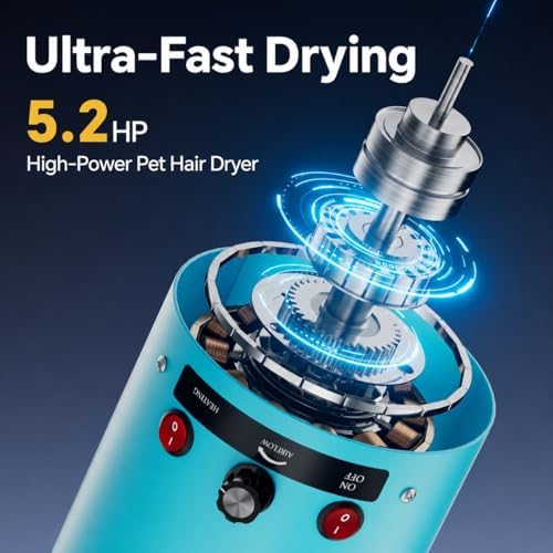 Dog Dryer High Velocity Dog Hair Dryer 5.2HP/3800W, Stepless Adjustable Speed Temperature Dogs Grooming Blow Dryer, Pet Dryer with 4 Nozzles,Blow Dryer for Dogs, Blue