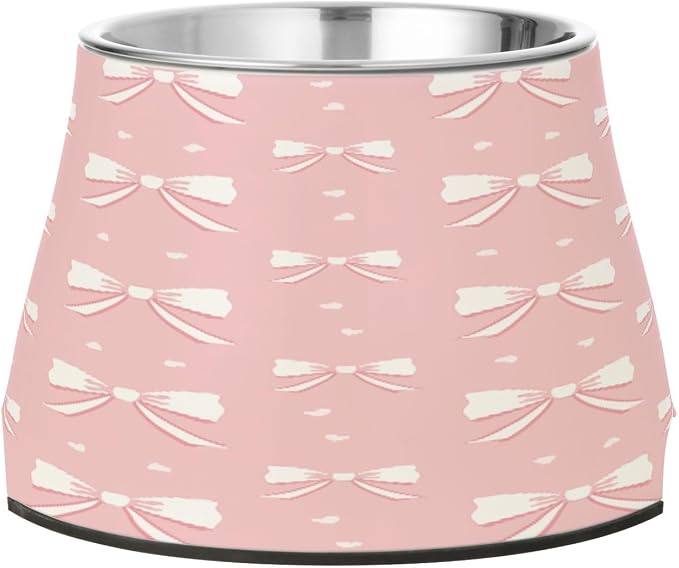 Blueangle Elevated Dog Bowls with Stainless Steel - Non-Slip 2.3 Cup High Capacity Pet Dish for Spinal Health & Pink Ribbon Bow Design（109）