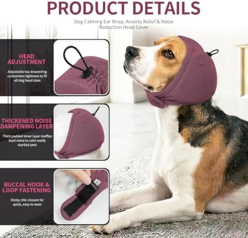 BRKURLEG Dog Ear Cover Noise Protection, Thick Padded Ear Wrap, Plum, S | Adjustable Calming Hoodie for Anxiety Relief, Anxiety Relief Head Cover, for Firework, Thunderstorm, Grooming & Winter Warmth