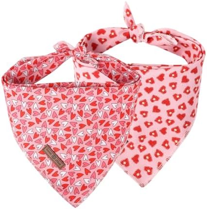 Lionet Paws Valentine's Day Dog Bandanas 2 Pack, Pink Dog Triangle Red Hearts Dog Kerchief,Adjustable Triangle Holiday Scarves for Medium Large Dogs Pets