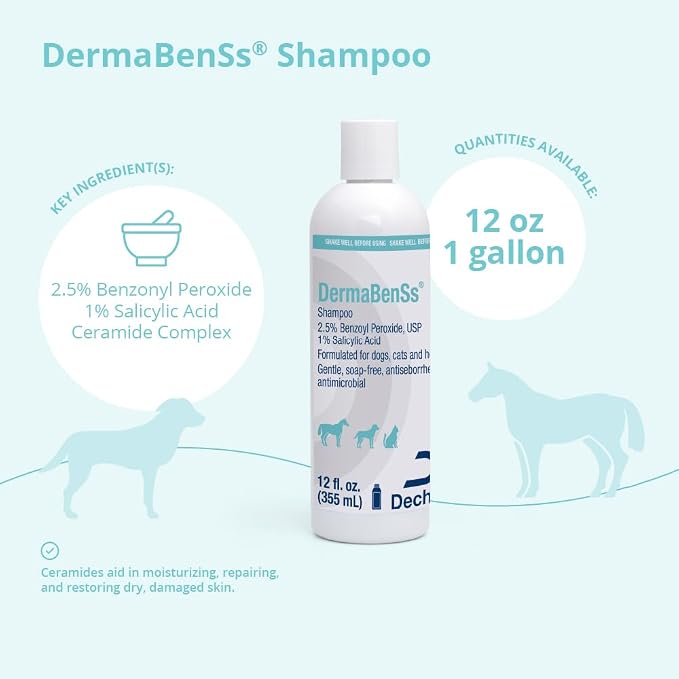 DermaBenSs® Shampoo for Dogs, Cats and Horses, 12 Fl Oz | Gentle, Soap-Free, Antiseboerrhetic, Antimicrobial; 2.5% Benzoyl Peroxide, USP; 1% Salicylic Acid; Packaging May Vary