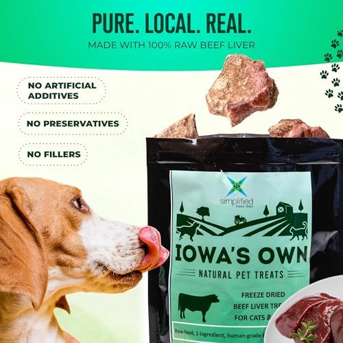 IOWA'S OWN Freeze Dried Beef Liver Treats for Dogs 15lbs and up – Single Ingredient Training Treats – High Protein – Healthy Natural Snack - No Additives or Fillers - Made in USA – 4oz Bag