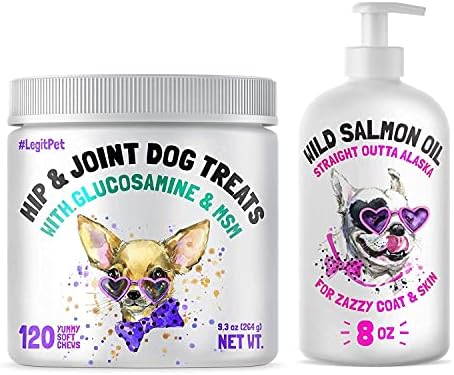 LEGITPET Hemp Hip & Joint Supplement for Dogs 120 Soft Chews and Wild Alaskan Salmon Oil for Dogs & Cats 8 oz Bundle - Supports Joint Function, Immune & Heart Health - Natural Pain Relief and Mobility
