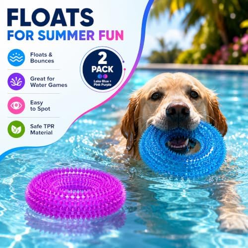Dog Chew Toy, Squeaky Floating Donut Rings, 2-Pack, Blue & Purple