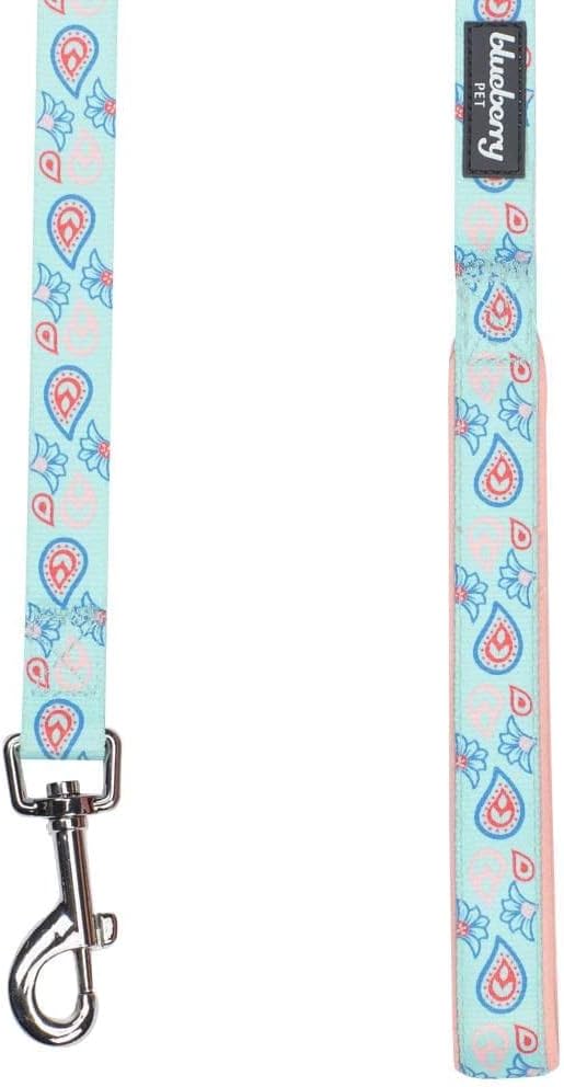 Blueberry Pet 5 Colors Paisley Flower Print Dog Leash with Soft & Comfortable Handle, 4 ft x 1", Pastel Blue, Large, Leashes for Dogs