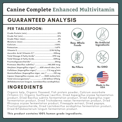 Organic Dog Vitamins, 1 Lb, 45 Scoops | Daily Dog Multivitamin with Prebiotics, Probiotics for Immune Support, Skin Coat, Digestion, & Joint Health - Canine Complete
