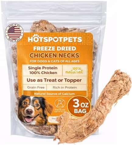 hotspot pets Freeze Dried Raw Chicken Necks for Dogs & Cats, Made in USA, Single Ingredient, Grain Free, High Protein, Natural Calcium Treat or Topper, 3 Ounce Bag