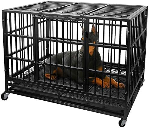 Otaid Heavy Duty Dog Crate with 4 Wheels, Dog Crates for Large Dogs, Double Door Strong Metal Dog Kennel with Removable Tray. Easily Removable Dog Cage for Travel, Indoor&Outdoor (Black, 48 Inch)