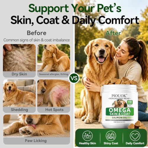 Omega 3 Fish Oil for Dogs, Salmon Oil Joint Health Skin & Coat Supplement with EPA DHA Vitamins for Itching, Shedding Hot Spots & Allergy Support Pet Wellness, 150Ct Dog Allergy Chews