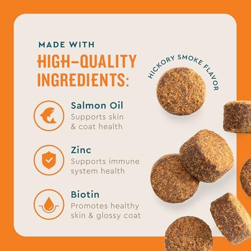 VetIQ Skin and Coat Supplement for Dogs, Helps Maintain Healthy Skin and Shiny Coat, Hickory Smoke Flavor Dog Supplement Chews, Made in The USA, 60 Count