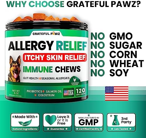 Dog Allergy Relief Chews - Dog Itch Relief - Probiotics, Omega 3, Colostrum