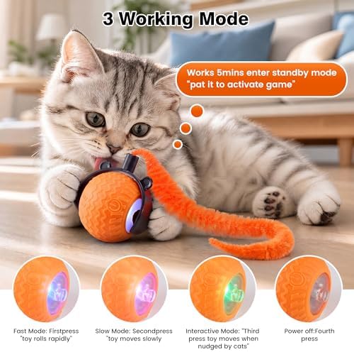 ZUAMEGUCat Toys for Indoor Cats - Interactive Rolling Ball | 3 Modes Motion Activated, Self-Play Cat Toy with Tail, Eco-Friendly Cat Exercise Ball for Active Indoor Fun