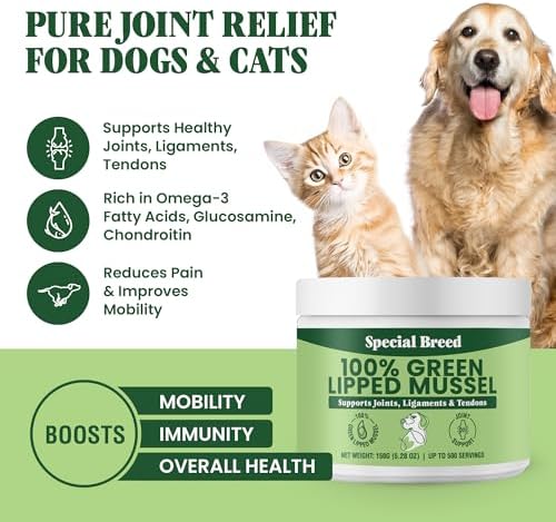 Green Lipped Mussel Powder for Dogs & Cats - 100% New Zealand Green Lipped Mussels - Natural Hip & Joint Supplement for Joints, Tendons, Ligaments, Muscles - 150 Grams - Up to 500 Servings