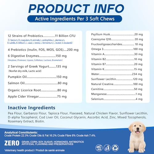Probiotics for Dogs Dog Probiotic Chews for Yeast Itch Relief Ears Skin Coat, Gut Digestive Health & Immune Support with 11Billion CFU Probiotics, 6 Enzymes, 4 Prebiotics, Greek Yogurts, Pumpkin