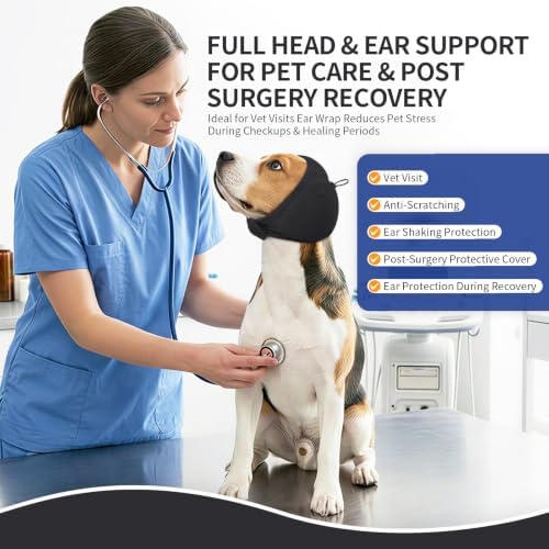 BRKURLEG Dog Ear Cover Noise Protection, Thick Padded Ear Wrap, Black, M | Adjustable Calming Hoodie for Anxiety Relief, Anxiety Relief Head Cover, for Firework, Thunderstorm, Grooming & Winter Warmth