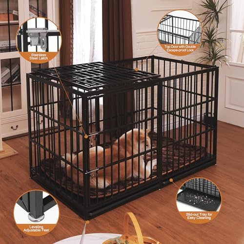 60 Inch Heavy Duty Dog Crate Cage with Cushion, Indestructible Escape Proof Large Metal Dog Kennel Furniture for Small Medium Large Dogs, Indoor High Anxiety Pets Crate with 2 Door and Removable Tray