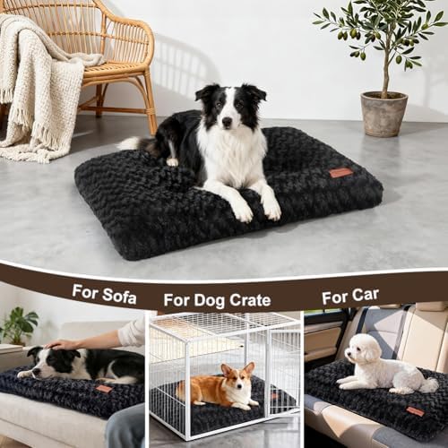 Dog Bed Crate Pad - Rosette Pattern White Velvet Pet Bed Anti-Slip Comfy Kennel Pad for Crates Rosette Black L