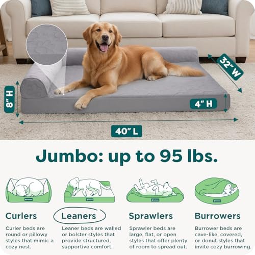 Furhaven Cooling Gel Dog Bed for Large Dogs w/ Removable Bolsters & Washable Cover, For Dogs Up to 95 lbs - Pinsonic Quilted Paw L Shaped Chaise - Titanium, Jumbo/XL
