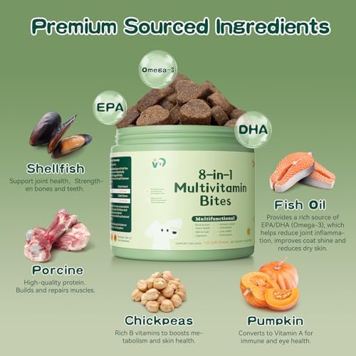 8-in-1 Dog Multivitamin Soft Chews - with Omega 3, Probiotics & Glucosamine - Immune, Skin, Joint, Digestive Support - Daily Supplement for All Dogs