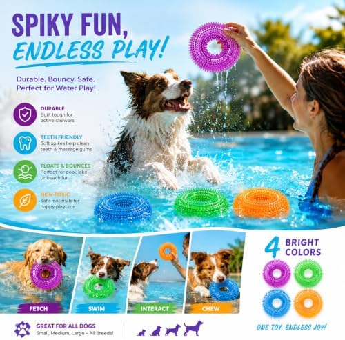 Dog Chew Toy, Squeaky Floating Donut Rings, 4-Pack, Aggressive Chewers