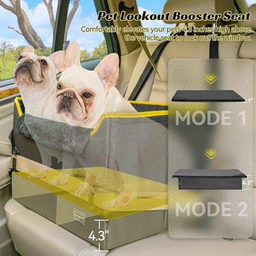 PETSFIT Dog Booster Car Seat, Medium/2 Small Dogs, 2 Safety Leashes, Storage Pockets, Under 45 lbs, Black