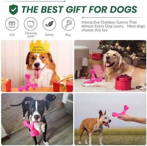 Dog Chew Toys for Aggressive Chewers Large Breed,Indestructible Bones Toy，Durable Cleaning Toothbrush Natural Rubber Dog Toys… (Pink)