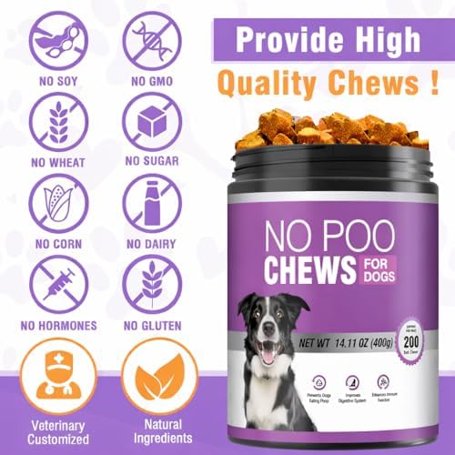 Coprophagia Deterrent for Dogs-200 Chews No Poop Eating Deterrent for Dog-Prevent Stop Dogs from Eating Poop Supplement-Breath Freshener-No Poo Chews with Digestive Enzymes&Probiotics-Cheese Favor