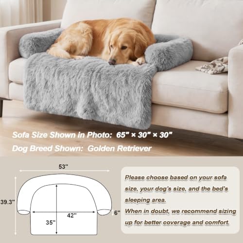 GGIB Calming Dog Bed Fluffy Plush Dog Mat for Furniture Protector with Removable Washable Cover for Large Medium Small Dogs and Cats (Extra Large (53x39.3x6), Grey)