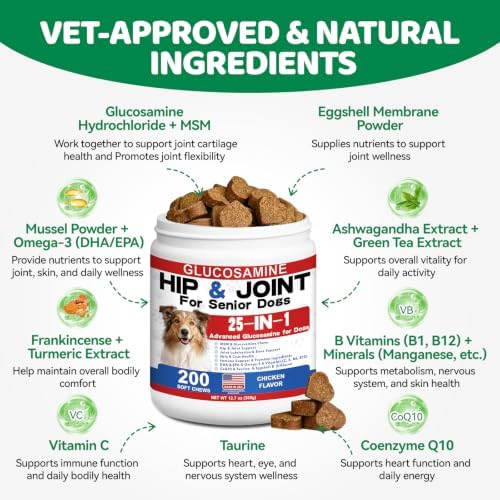 Dog Hip & Joint Supplement – 25-in-1 Glucosamine Chews for Dogs, Chicken Flavor – with MSM, Green Lipped Mussel, Turmeric, Yeast, Omegas & Vitamins – Mobility Support for All Breeds & Ages, 200 ct