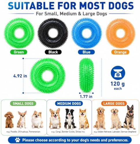 Dog Chew Toy, Squeaky Floating Donut Rings, 4-Pack, Blue/Green/Orange/Black
