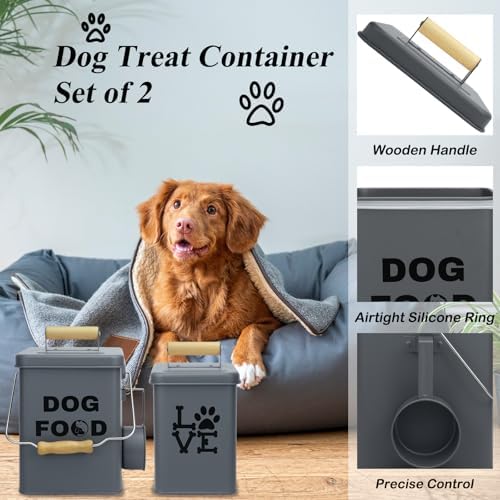 Dog Food Storage Container Set of 2 Dog Treat Container with Airtight Lids Dog, Metal, Grey