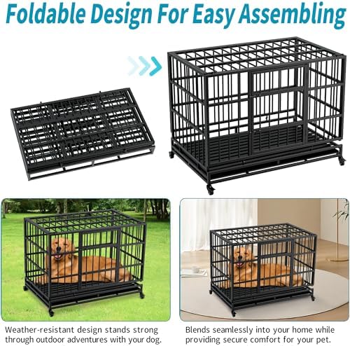 Indestructible Folding Dog Crate with Wheels, 48 Inch Heavy Duty Escape Proof Collapsible Metal Dog Kennel Cage for Large and Medium Dogs, High Anxiety Pet Crate with 2 Door and Removable Tray