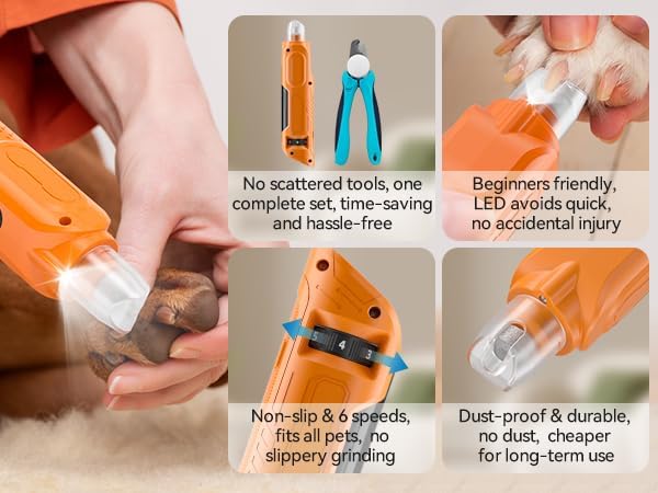PAPIFEED 6-Speed Pet Nail Grinder with Dual LED, Orange