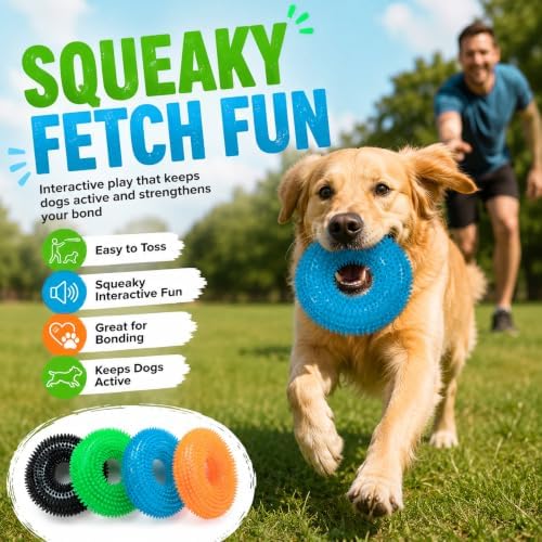 Dog Chew Toy, Squeaky Floating Donut Rings, 4-Pack, Blue/Green/Orange/Black