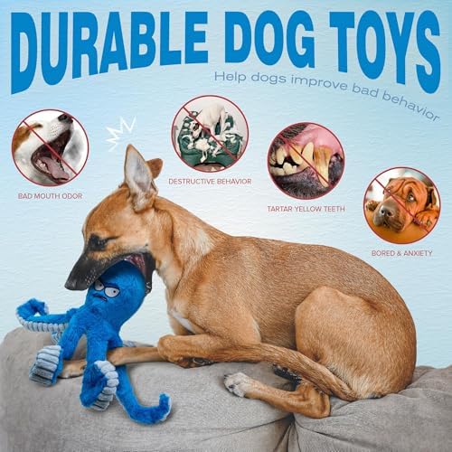 LEGEND SANDY Tough Dog Toys, Stuffed Chew Large Dog Toys to Keep Them Busy, Interactive Squeaky Tug of War Doggie Toy, Crinkle Blue Octopus | Interactive Tug of War Puppy Toys, Crinkle Stuffed Octopus for Small Medium and Large Breeds, Birthday Gift fo...