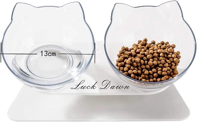Luck Dawn Double Elevated Cat Bowls with Raised Stand, 15 Tilted cat Design Neck Guard Stand Pet Food Water Feeder Bowl for Cats or Small Dogs