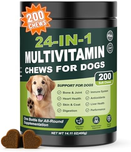 24-in-1 Dog Vitamins and Supplements 200 Ct Daily Multivitamin for Dogs | Hip & Joint, Skin, Digestion, Immune, Heart, Brain, Eye Health Support with Glucosamine, Probiotics, Omega 3 - Chicken