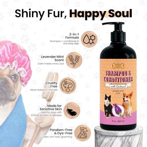 POM Pets 2-in-1 Organic Dog Shampoo & Conditioner – Itchy Skin Relief, Dog Deshedding, Detangles Fur, Cat Shampoo, Paw Cleaner for Dogs, Natural Coat Defense Formula