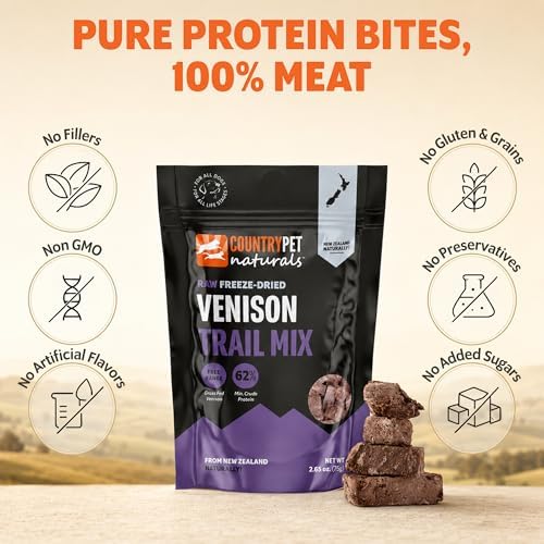 New Zealand Raw Freeze-Dried Venison Treats - Wild Novel Protein, Lung, Spleen, Kidney - 62% Protein, Grass-Fed, Single Ingredient, Grain/Gluten Free, Topper. 1-Pack