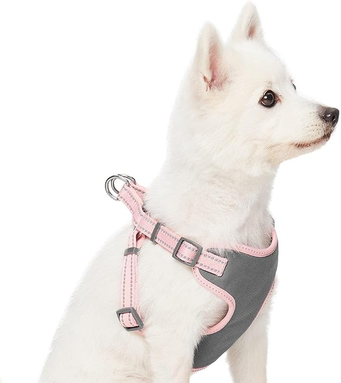 Blueberry Pet Pastel Colored Reflective Dog Harness with Seatbelt Clip – Adjustable No-Pull Pet Vest for Walking and Car Safety, Large Size in Baby Pink