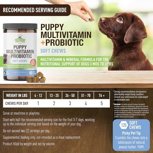 Strawfield Pets' Puppy Multivitamin + Probiotics for Dogs Puppy Vitamins with Joint Support Supplement for Dogs & Puppies Tasty Bacon Flavor 120 Soft Chews