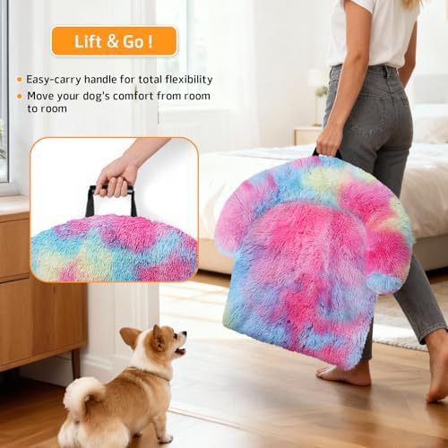 GGIB Calming Dog Bed Fluffy Plush Dog Mat for Furniture Protector with Removable Washable Cover for Large Medium Small Dogs and Cats (Medium, Rainbow)