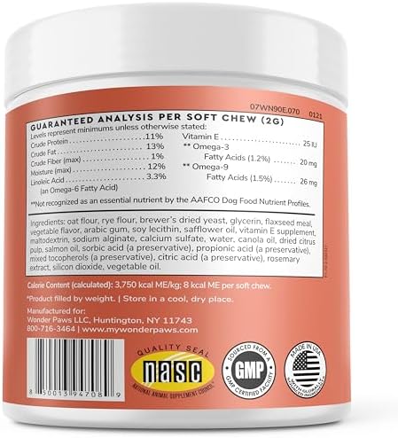 Wonder Paws Skin & Coat Supplement for Dogs with Salmon Oil, Omega 3 & 6, EPA & DHA, Promotes Healthy Skin and Coat, Itchy Relief, Joint and Overall Health, Delicious Flavor, 70 skin & coat Soft Chews