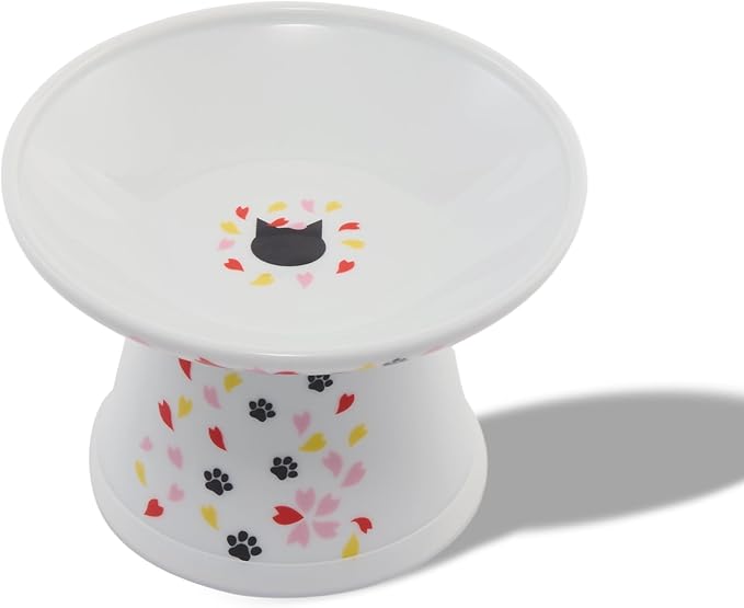 Necoichi Raised Cat Food Bowl – Ceramic Elevated Cat Bowl for Whisker & Neck Fatigue, Dishwasher Microwave Safe – Non-Slip & Anti Vomiting Ergonomic Design (Sakura Floral, Extra Wide, 2-Cups Capacity)