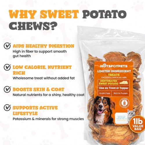 hotspot pets Sweet Potato Dog Treats 1lb Bag - All Natural, Single-Ingredient, Hypoallergenic Grain-Free Dog Chew for Sensitive Stomach, Rawhide Alternative